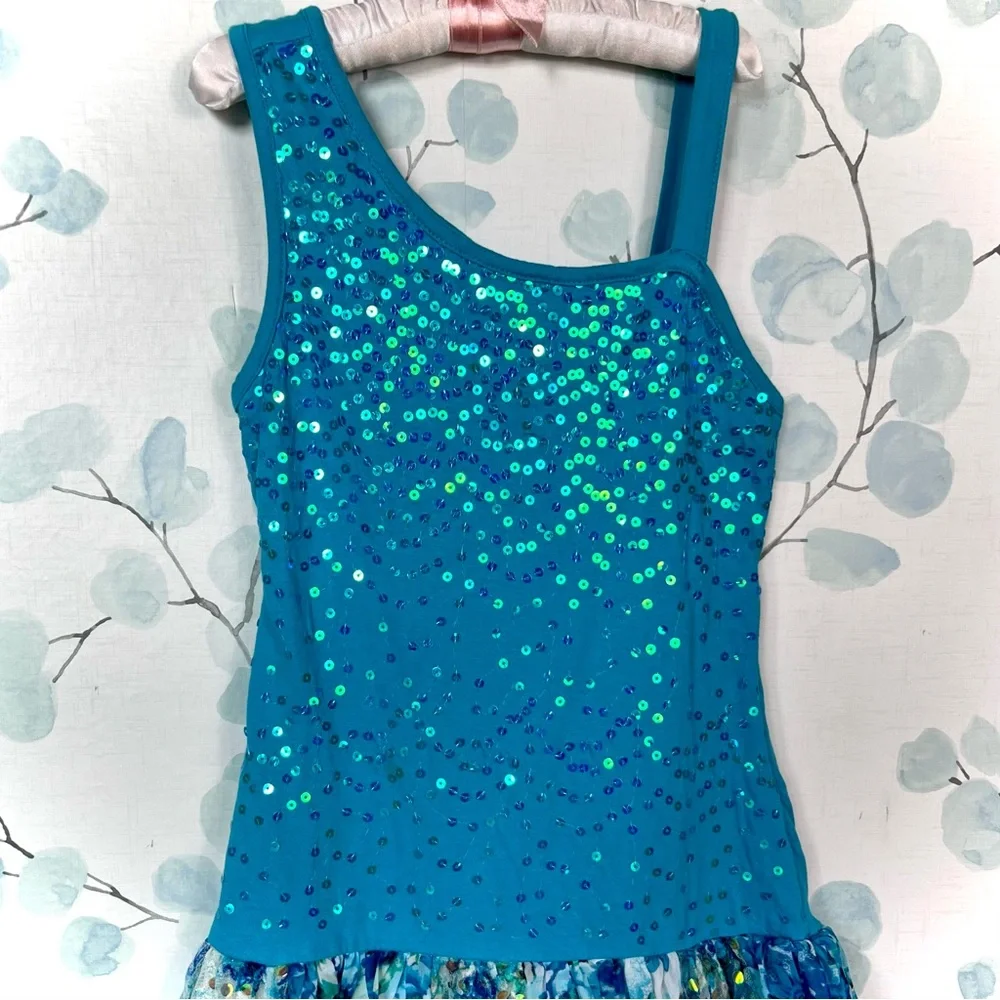 Justice Kids Turquoise Aqua Blue Dress Sequin Party Dress-up Floral Ruffled Lace - Picture 2 of 15